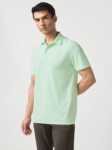 Image of TECHNOSPORT Men's Solid Slim Fit Polo Collar T-Shirt COTFLEX Half Sleeve Button Polyester for Gym Running Workout UPF50+ Anti Odour