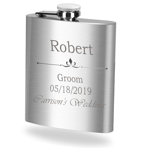 Top Shelf Stainless Steel Wedding Hip Flask 6Oz | Custom Engraving Personalized Name Bachelorette Party Favors Flask | Leak Proof Screw-On Cap | Groomsmen Gifts