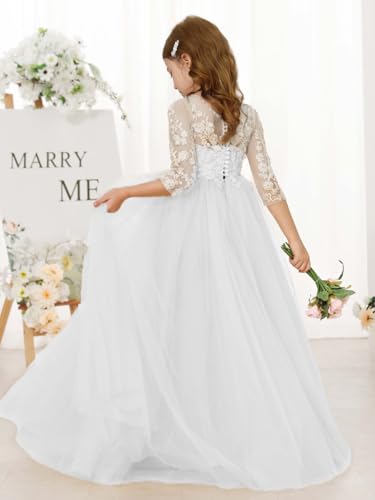 Abaowedding Lace Floral Appliques Flower Girl Dress, 3/4 Sleeve Girls Pageant Tulle Ball Gown2