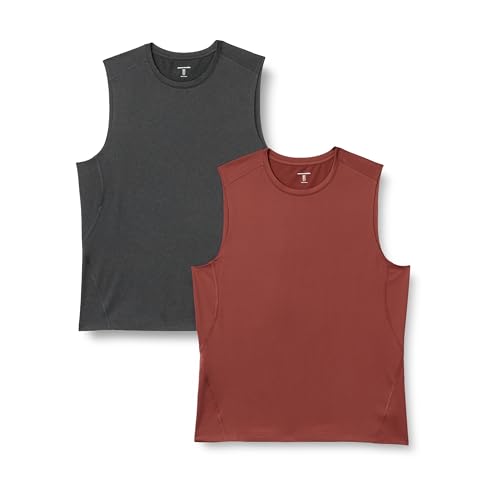 Amazon Essentials Herren Leichtes, Schnelltrocknendes und Feuchtigkeitsableitendes Sport-Muskelshirt aus Tech Stretch, Ärmellos, 2er-Pack, Graphit Heide/Henna, XS 1