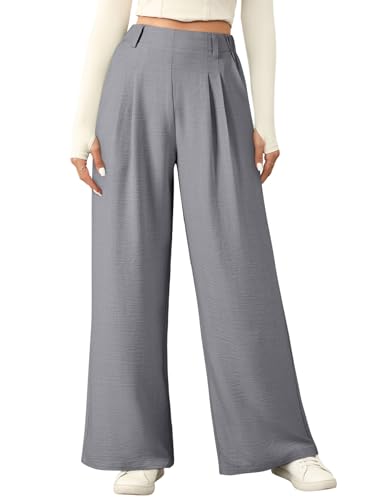 EVALESS Women's Wide Leg Pants Summer Linen Texture Business Casual Work Trousers High Waisted Flowy Palazzo Pants 2026 Fashion Ladies Baggy Comfy Office Slacks with Pockets Grey Medium