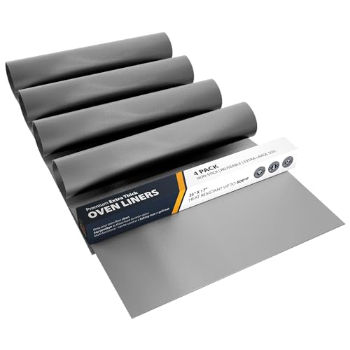 Oven Liners for Bottom of Oven - 4 Pack Large Heavy Duty Mats, 17”x25” Non-Stick Reusable Liner for Electric, Gas, Toasters, Grills - BPA & PFOA Free Kitchen Accessory to Keep It Clean (Silver)