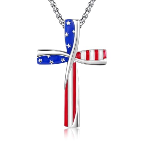 4th of July Cross Necklace for Women-Patriotic Red White Blue American USA Flag Star Pendant-Independence Day-Veterans Day