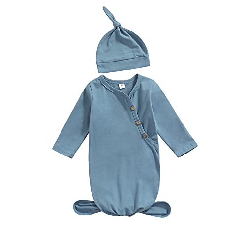 Image of Newborn Baby Boy Girl Knotted Gowns Long Sleeve Printed Sleeping Bag Coming Home Outfit Nightgown Pajamas Hat Set (P-Blue, 0-3 Months)