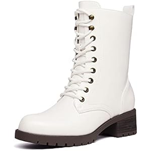 DREAM PAIRS Lace-up Combat Boots Mid-calf Military Winter Boot for Women 6.5 White/Pu