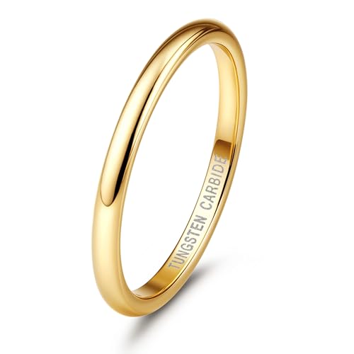 Jstyle 2mm Tungsten Rings for Men Women Hypoallergenic Wedding Band Rings Gold Domed High Polish Comfort Fit Size 6 Not Tarnished