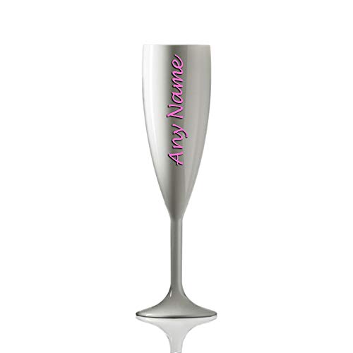 Personalised Virtually Unbreakable White Polycarbonate Champagne Flute - Any Name Multiple Colours Available - Hot Pink