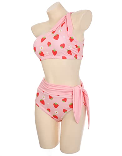 haikyuu Women Strawberry Pink One Shoulder Two Piece Swimsuit High Waisted Bikini Kawaii Cute Swimwear Bathing Suit2
