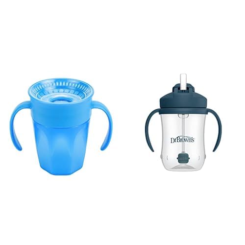Dr. Brown's Milestones Cheers 360 Cup Spoutless Transition Handles for Easy Grip & Leak-Freere Baby’s First Straw Cup, Training Weighted Straw, Dark Blue, 6m+