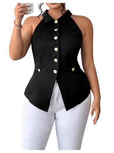 WDIRARA Women's Plus Size Button Down Suit Vest Sleeveless Collared Tank Top