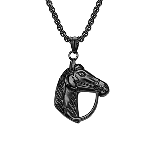 OAKKY Unisex Vintage Punk Steed Pferd Kopf Biker Amulett Anhänger Halskette Edelstahl Spiel Racehorse Sieg Schädel Skelett Schwarz mit 23.6" Kette