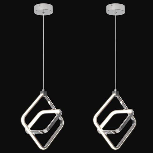 Image of Modern LED Chandelier Chrome Rectangular Pendant Light Fixtures 4000K 20W Dimmable Height Adjustable Pendant Lighting for Dining Room Kitchen Island Bedroom Living Room Foyer(2-Pack)