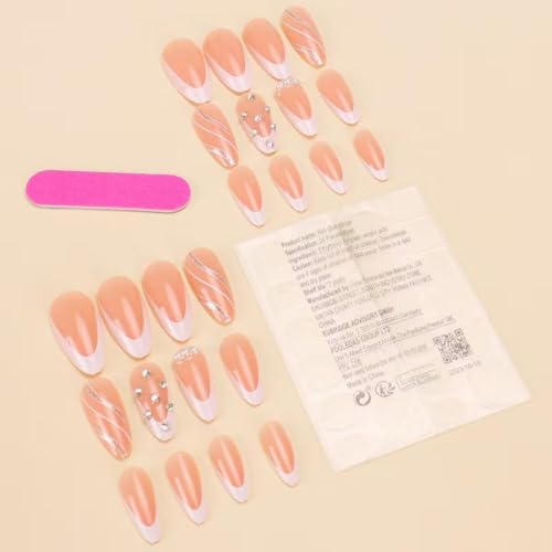 Image of White French Tip Press on Nails Silver Wave Glue on Nails with Rhinestone Design Nude Acrylic Fake Nails Glossy Artificial Nail Medium Almond Shape False Nails for Women Girls Manicure 24Pcs