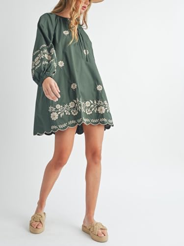 Image of Joiemont Womens Embroidered Long Sleeve Mini Dress Loose Fit Vintage Embroidery Dress with Double Neckline Self Tie