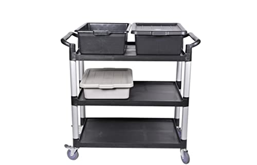 Restaurantware RW Clean 31.9 x 17.1 x 35.8 Inch Utility Cart 1 Rolling Cleaning Cart - Small 3 Shelves Black Plastic Rolling Cart Heavy-Duty For Organization Or Storage