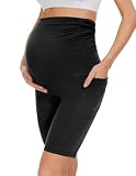 Happy.angel Maternity Biker Shorts with Pockets, Over The Belly Pregnancy Yoga Shorts for Workout Running Lounge Black L