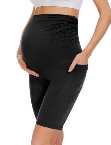 Happy.angel Maternity Biker Shorts with Pockets Over The Belly Pregnancy Yoga Shorts for Workout Running Lounge Black L