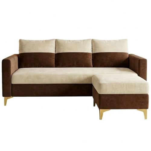 Image of FURNY Canvora 4 Seater L Shape Sofa Set with Movable Ottoman | Flexible Left or Right Layout | Plush Velvet Fabric (Cream-Brown) | Perfect for Living Room, Guest Room & Office