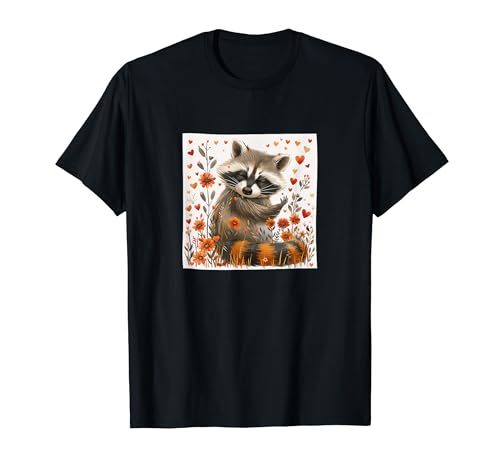 Raccoon Flowers With Hearts Around Boho Style Graphic T-Shirt