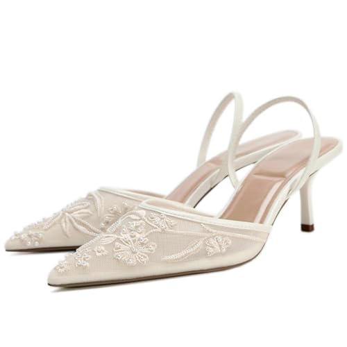 CRETUAO Zapatos de tacón de Aguja con Tira Trasera y Lazo para Mujer, Tacones de Gatito con Cuentas Bordadas de Malla y Punta Puntiaguda, Zapatos de Fiesta Nupcial para Boda,1 White,37 EU