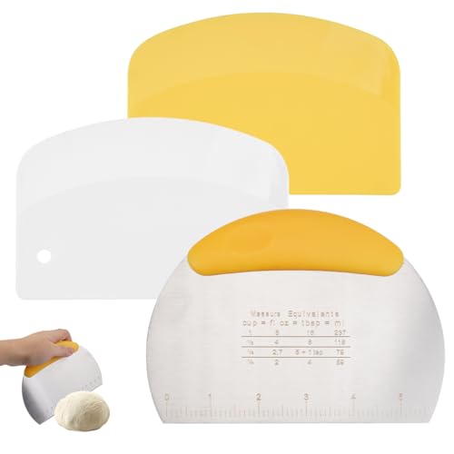 Ensemble de 3 Pièces Racloir à Pâte en Acier Inoxydable,Grattoir à Pâte en Plastique et Acier Inoxydable,Coupe Pate Boulangerie,Ramasse Pate,pour Couper Pâte,Les Gâteaux,Pizza,Les Légumes(Jaune)