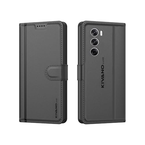 Image of KIVANO LUXE Compatible for Oppo Reno 12 5G Luxury Handmade Leather Magnetic Flip Folio Case | Card Holder & Kickstand | Slim Protective Cover | Unisex - Black