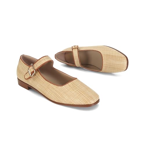 Image of DOEYG Raffia Mary Jane Ballet Flats for Women Square Toe Buckle Strap Ballerina Flats Comfortable Dress Shoes