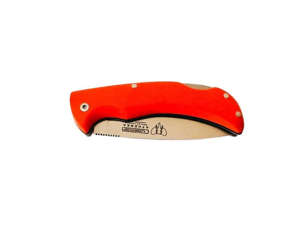 Cudeman Navaja Athenea 345-J con hoja de acero Böhler N690-Co de 8 cm y empuñadura de G-10 Naranja con separador negro de 10,5 cm + portabotellas de regalo (Sin Funda)