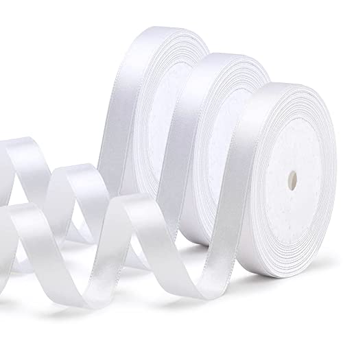 Kleemeiero 3 Stk Satinband Seidenbänder 6mm Geschenkband Polyband Weiß Dekoband Satin Bänder Stoff Band 22m/Rollen Schleifenband Stain Stoffband Doppelsatinband für Hochzeit Geburtstag Bastelarbeiten Cover