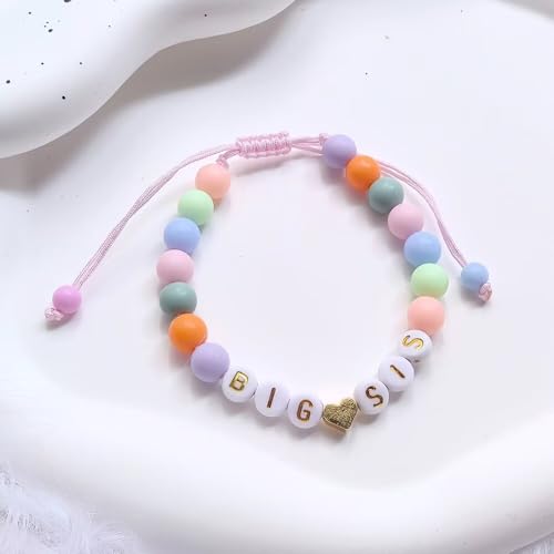 Image of Big Sister Gifts For Little, Pastel Rainbow Heart Rainbow Ball Big Little Sister Bracelet Announcement, Birthday Jewelry