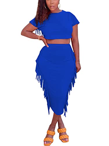 Sexy Summer Two Piece Outfits for Women Bodycon Club Dresses Tassel Ruched Crop Tops Cocktail Party Midi Skirt Set