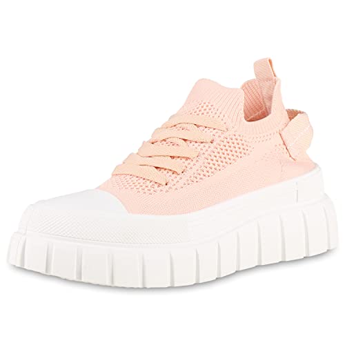 VAN HILL Baskets à plateau pour femme avec talon compensé, semelle profilée en tricot, Rose, 39 EU Cover