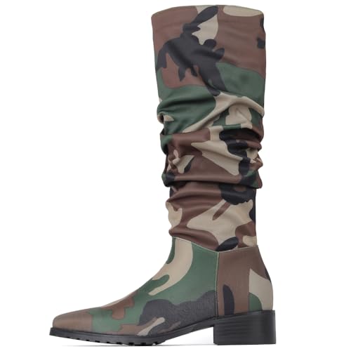 YIYA Women's Camouflage Slouchy Knee High Boots Square Toe Chunky Flat Heel Riding Combat Tall Pull On Boots2