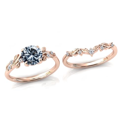 Gemstone Engagement Rings Set for Women Round Cut Gemstone Ring Leaf Art Deco Ring Set 10K 14K 18K White Yellow Rose Gold Vintage Vine Gemstone Wedding Ring Sets Anniversary Promise Ring2