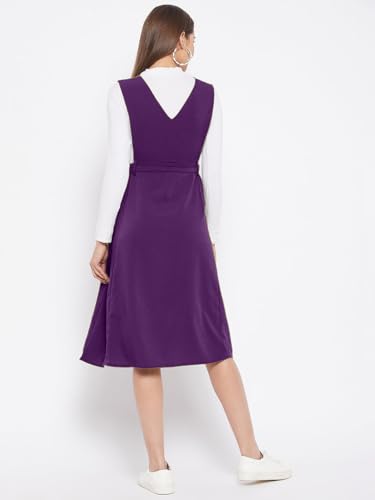 Image of WineRed Women Soild Pinafore Dress with Button