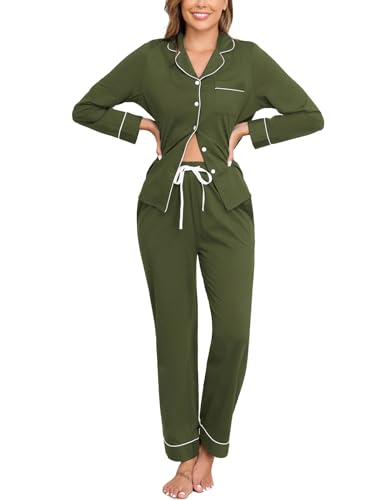 Image of Veseacky 100% Cotton Women's Pajama Set Long Sleeve Button Down Sleepwear Soft Pjs Lounge Sets Nightwear Pjs XS-XXL