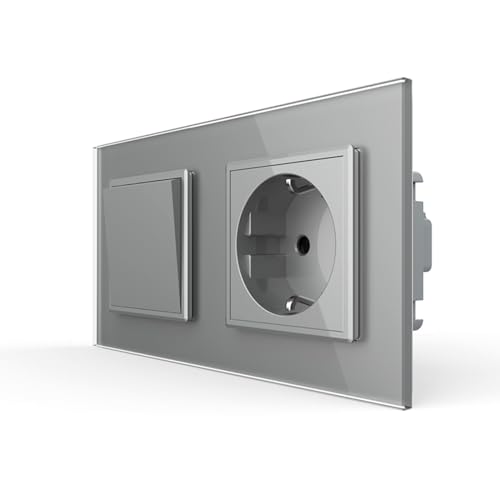 LIVOLO Steckdose mit Wipp Lichtschalter meschanischer Wechselschalter Unterputz Einbau Schuko Stecker zweifach Rahmen Glas Kombination Kippschalter Wechsellichtschalter Grau VL-C7-K1S-C1EU-15