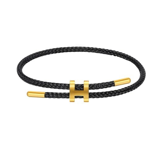 AIMADE Bracelets for Women Girls Adjustable Charm Bracelet, 18k Gold-plated Buckle Design Titanium Steel Wire Rope Women's Gift Jewelry (Black)
