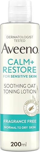 Aveeno Face Calm+Restore Soothing Oat Toning Lotion (1 x 200ml) Fragrance-Free Face Care with Prebiotic Oat & Calming Feverfew Leaves Skin Ultra Refreshed Suitable for Sensitive Skin