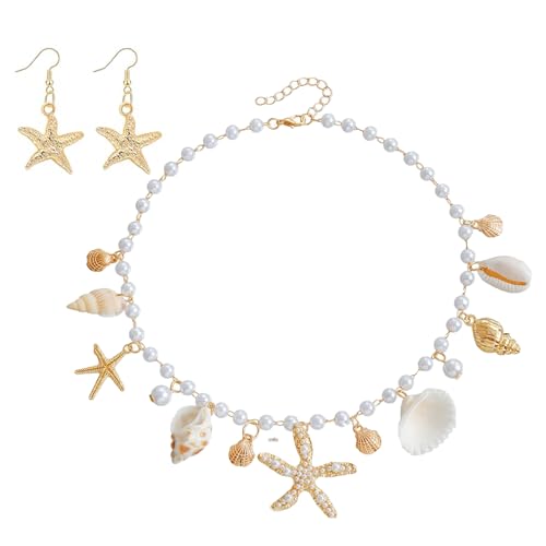 Carreneu Damen Meerjungfrau Schmuckset: Muschel Kette mit 1 Paar Seestern-Ohrringen für Karneval, Fasching, Strandparty