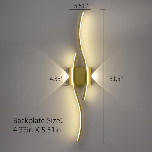 Image of DEYNITE Modern Gold Creative Wave Strip Led Wall Light Fixture Industrial Wall Sconce for Bathroom Hallway Staircase Entryway 3000K Warm Light