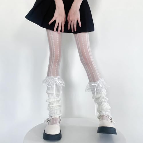Y2k Knitted Leg Warmers for Women Lace Top Lolita Harajuku Leg Cover Bowknot Ruffle Layered Leg Warmer4