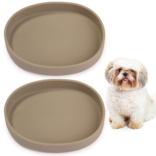 VCEPJH 2 Pack Silicone Dog Plates for Food Shallow Pet Bowl Flat Puppy Food Bowl Whisker Fatigue Cat Feeding Bowls Noiseless Dishes for Dry and Wet Food (Square-Round Brown)