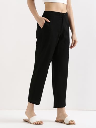 Image of SAADAA Women's Airy Linen Straight Pants | Regular Fit Trousers | Half Elasticated with Drawstrings & Buttons | 4 Pockets | Everyday & Office Wear