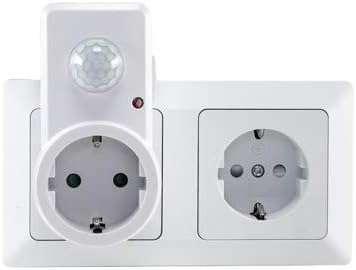 ChiliTec Motion Sensor Plug inserted into a wall outlet next to another outlet