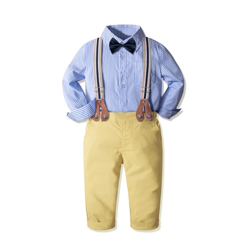 Image of Yilaku Toddler Baby Boy Clothes Gentleman Wedding Outfits, Formal Dress Shirt with Bowtie + Suspender 3 Monthes-4 Years