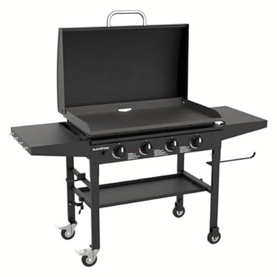 Blackstone 36 Inch Gas Griddle with Hood Cooking Station 4 Burner Flat Top Gas Grill Propane Fuelled Restaurant Grade Professional 36” Outdoor Griddle Station with Side Shelf