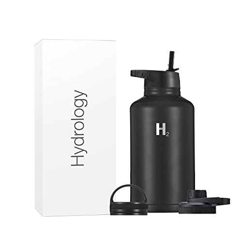 H2 Hydrology Sport Water Bottle 3 Lids (Straw Lid & Spout Lid) | Double Wall Vacuum Insulated Stainless Steel Wide Mouth | Sports Hot & Cold Leak Proof Sweat Free Thermos (64 Oz, Black) #TOP23