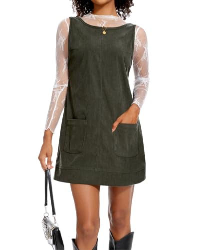 Navneet Cordkleid Latzkleid Damen Cordrock Herbstkleid Cord Rückenfrei Ärmellos Minikleid Winterkleid Overall Dress Minirock Grün M