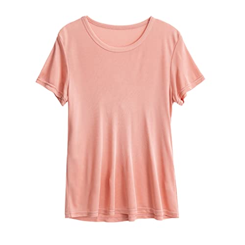 T-shirt d'été col rond en soie rose vêtement décontracté pour terrasses ensoleillées
